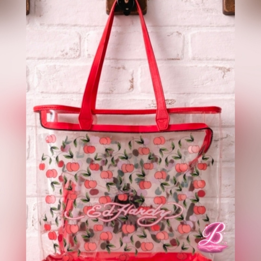 Ed Hardy Clear Tote with Peach Motif and Red Trim NWOT